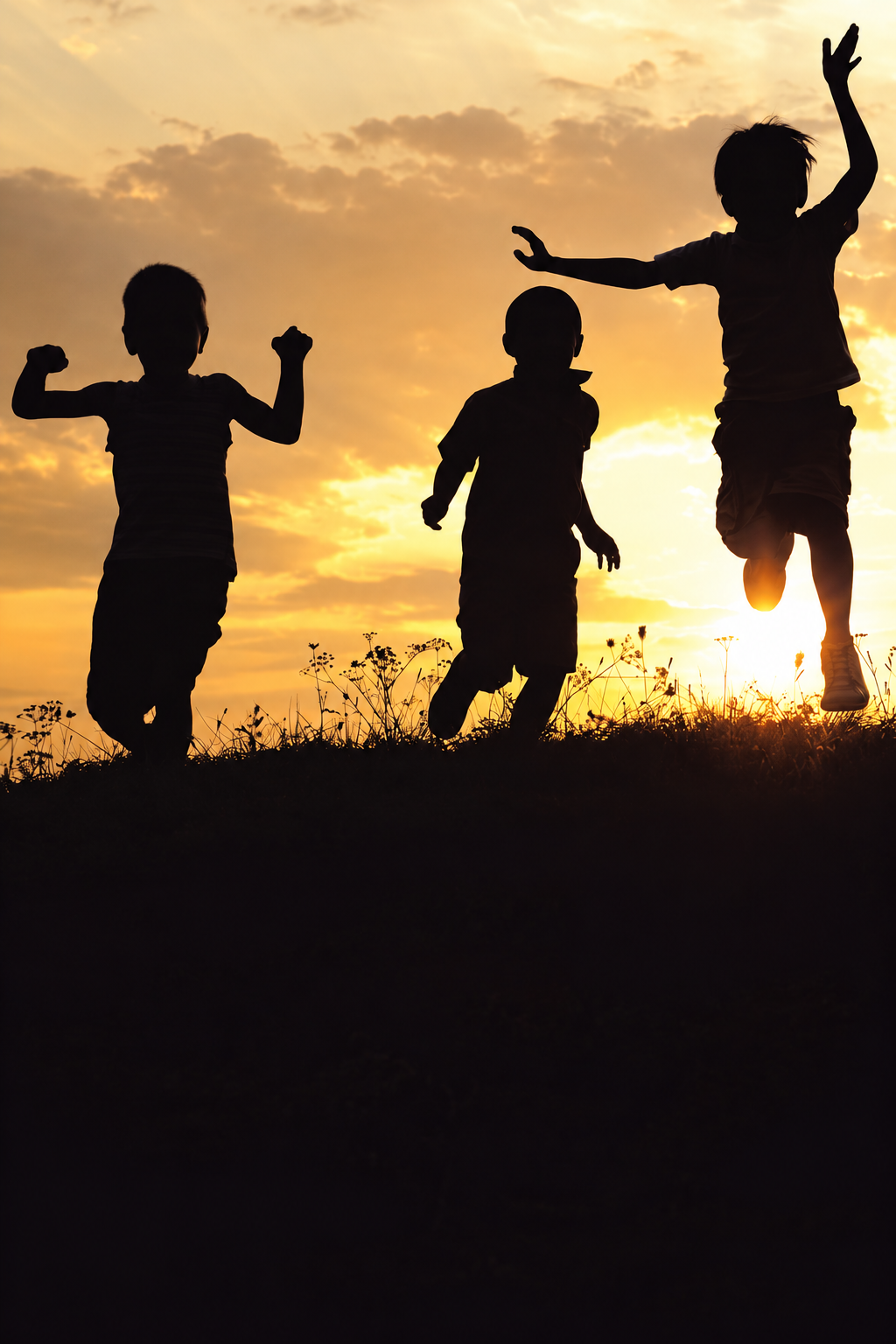 Children jumping at sunset